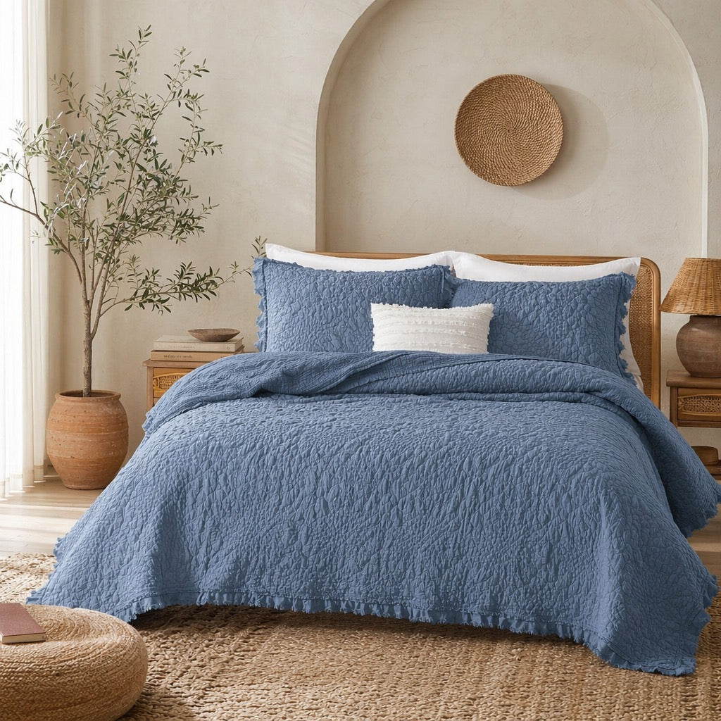 NEW Anthro Dusty Blue Boho Ruffle Crinkle Queen / King Bedding Quilt & Sham Set