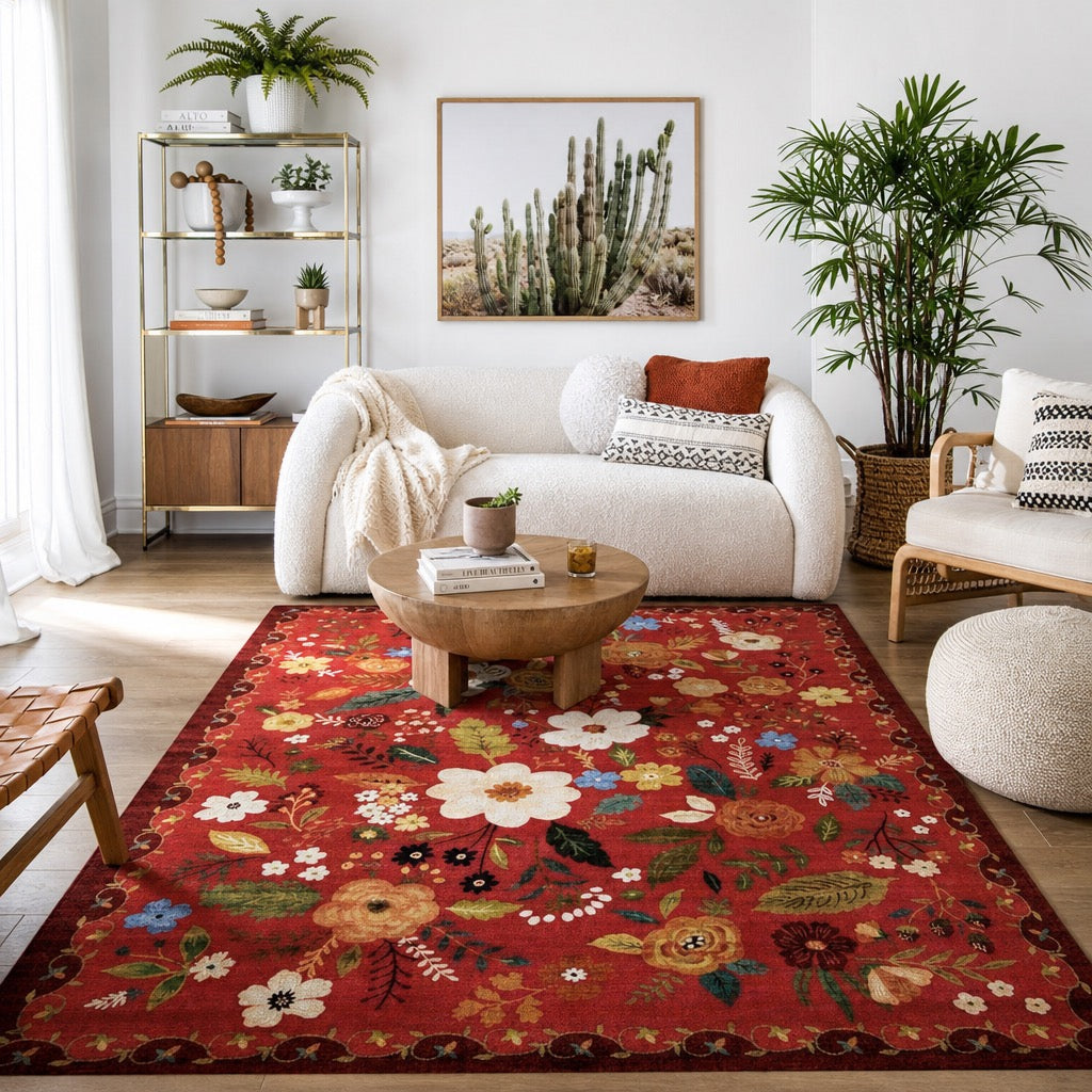 NEW Anthropologie Red Floral Boho Vintage Multicolor  Area Rug Carpet - 5' x 7'