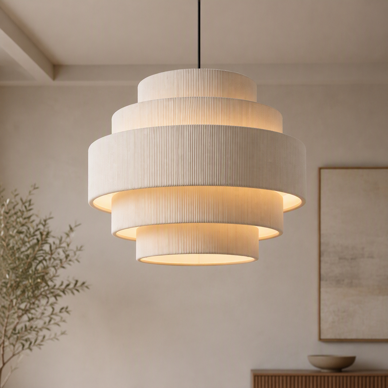NEW West Elm 5-Tier Boho Beige Corduroy Boho Chandelier Hanging Light Fixture