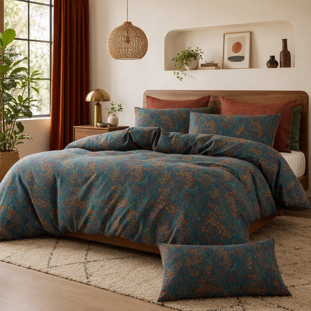NEW Anthropologie Orange Teal Botanical Cotton Queen King Bedding Duvet Sham Set