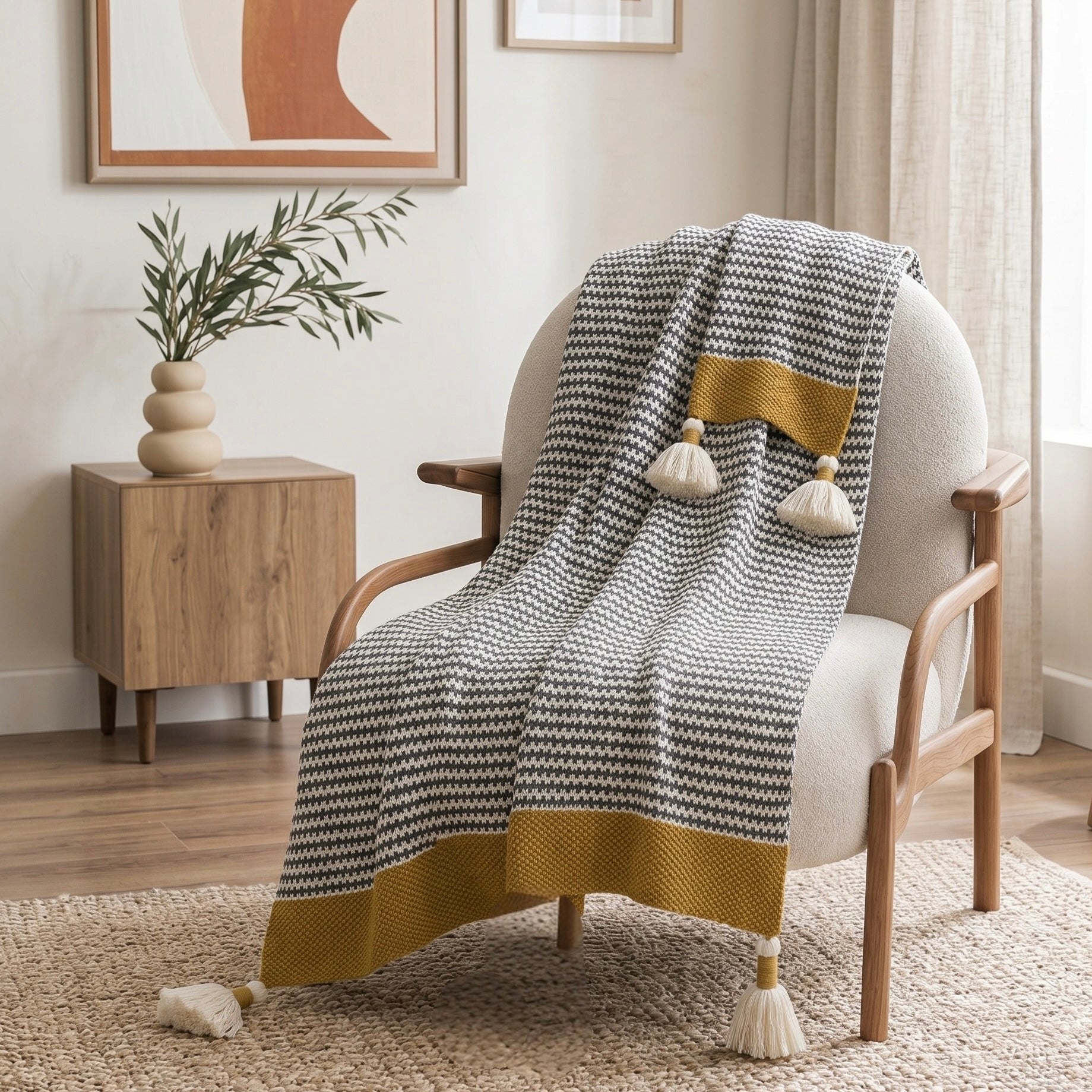 NEW Anthro Chevron Stripe Boho Tassel Pom Pom Knit Throw Blanket Bedding 48
× 60