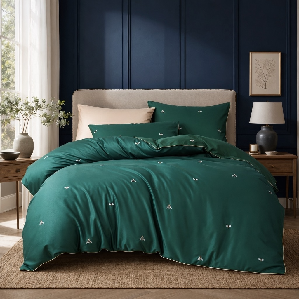 NEW Anthropologie Emerald Green Bee Boho Queen / King Size Bedding Duvet Sham Case Set