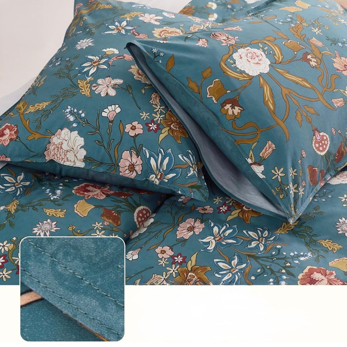 NEW Anthropologie Teal Multicolor Floral 100% Cotton Duvet Bedding & Sham Set
