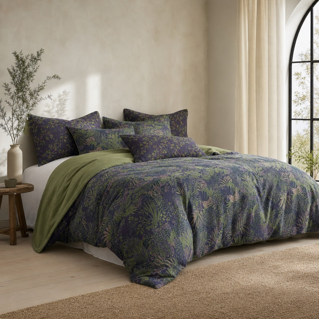 NEW Anthropologie Green Purple Floral Muslin Queen / King Bedding Duvet Sham Set
