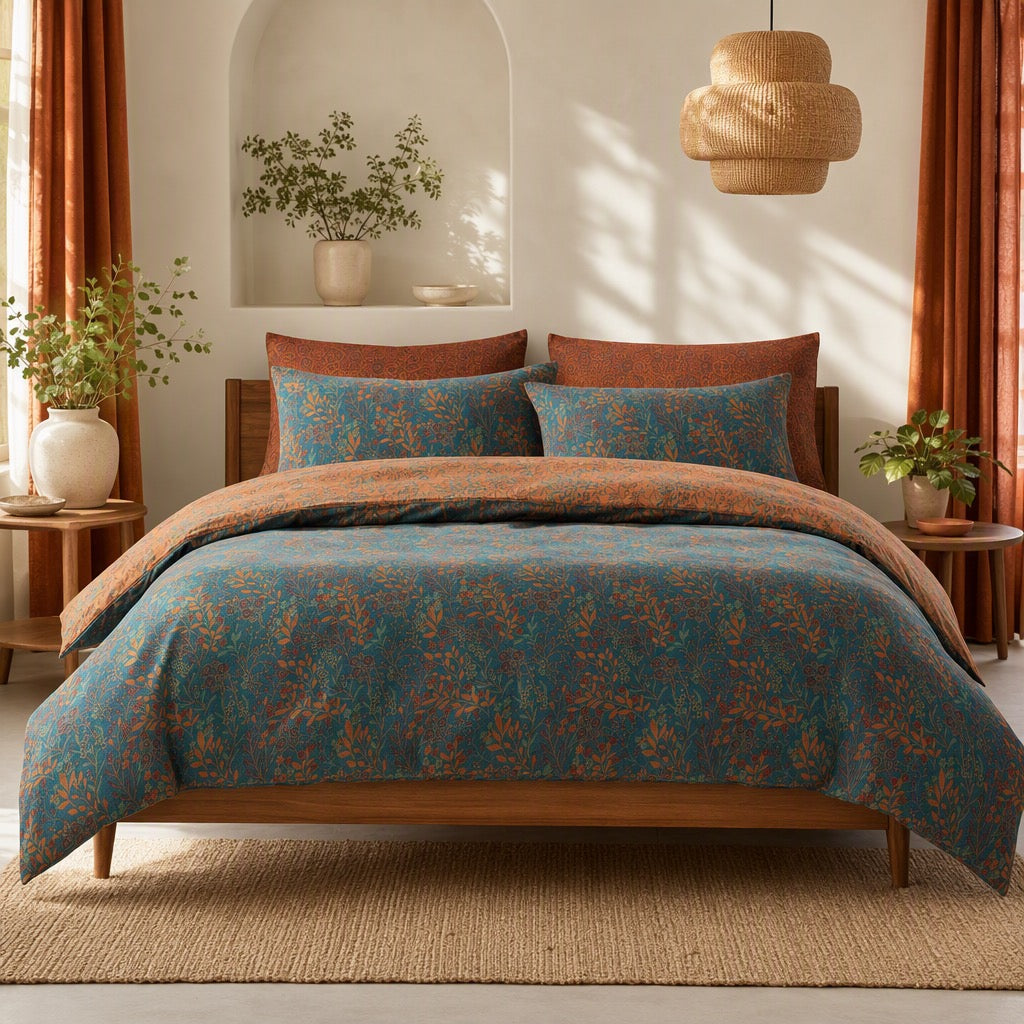 NEW Anthropologie Orange Teal Botanical Cotton Queen King Bedding Duvet Sham Set