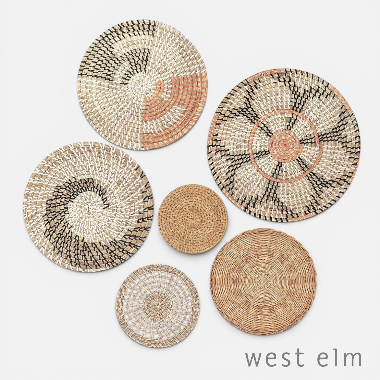 NEW West Elm XL Woven Wicker Rattan Seagrass Boho Wall Hanging Baskets - Set / 6