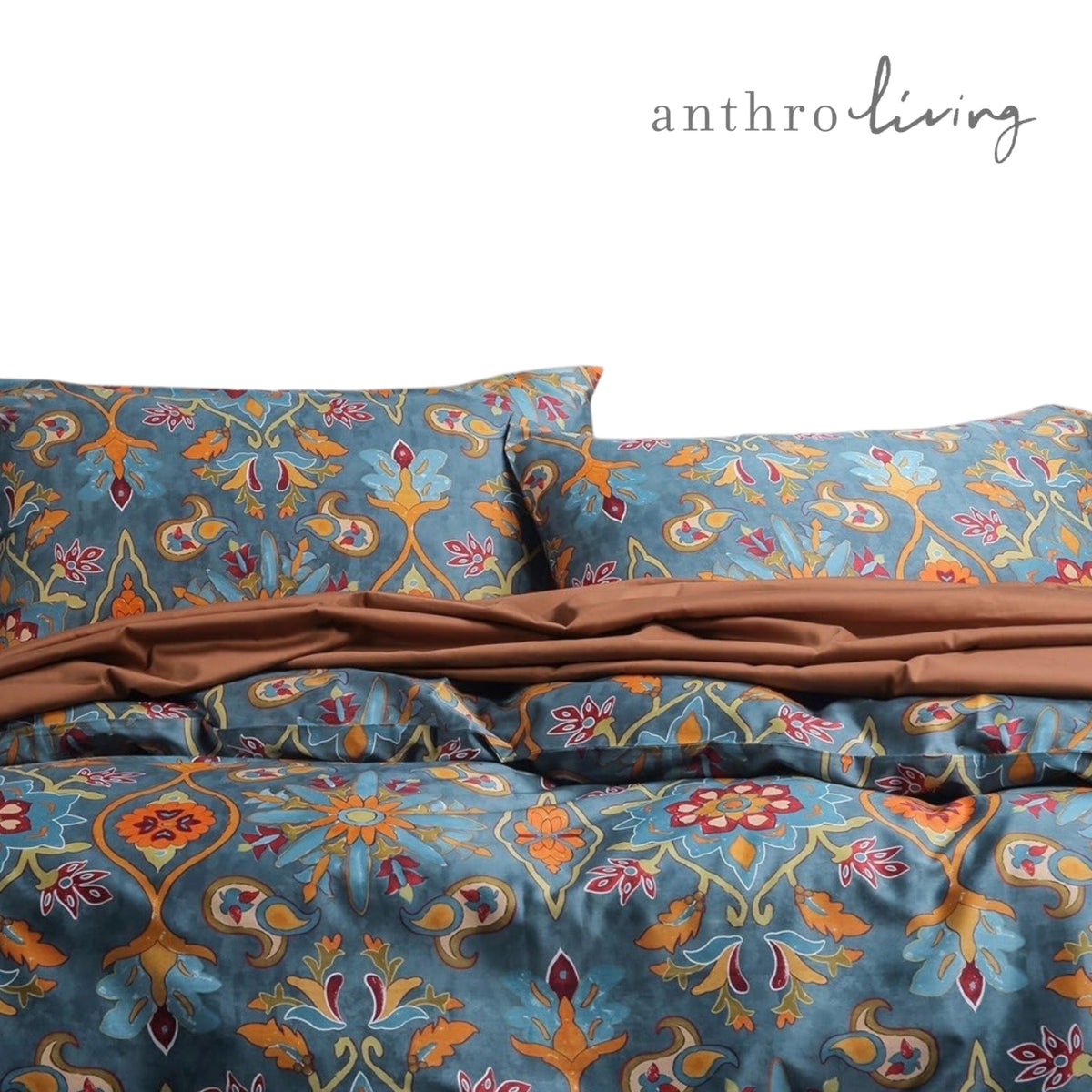NEW Anthropologie Blue Damask Queen King Egyptian Cotton Bedding Duvet Sham Set