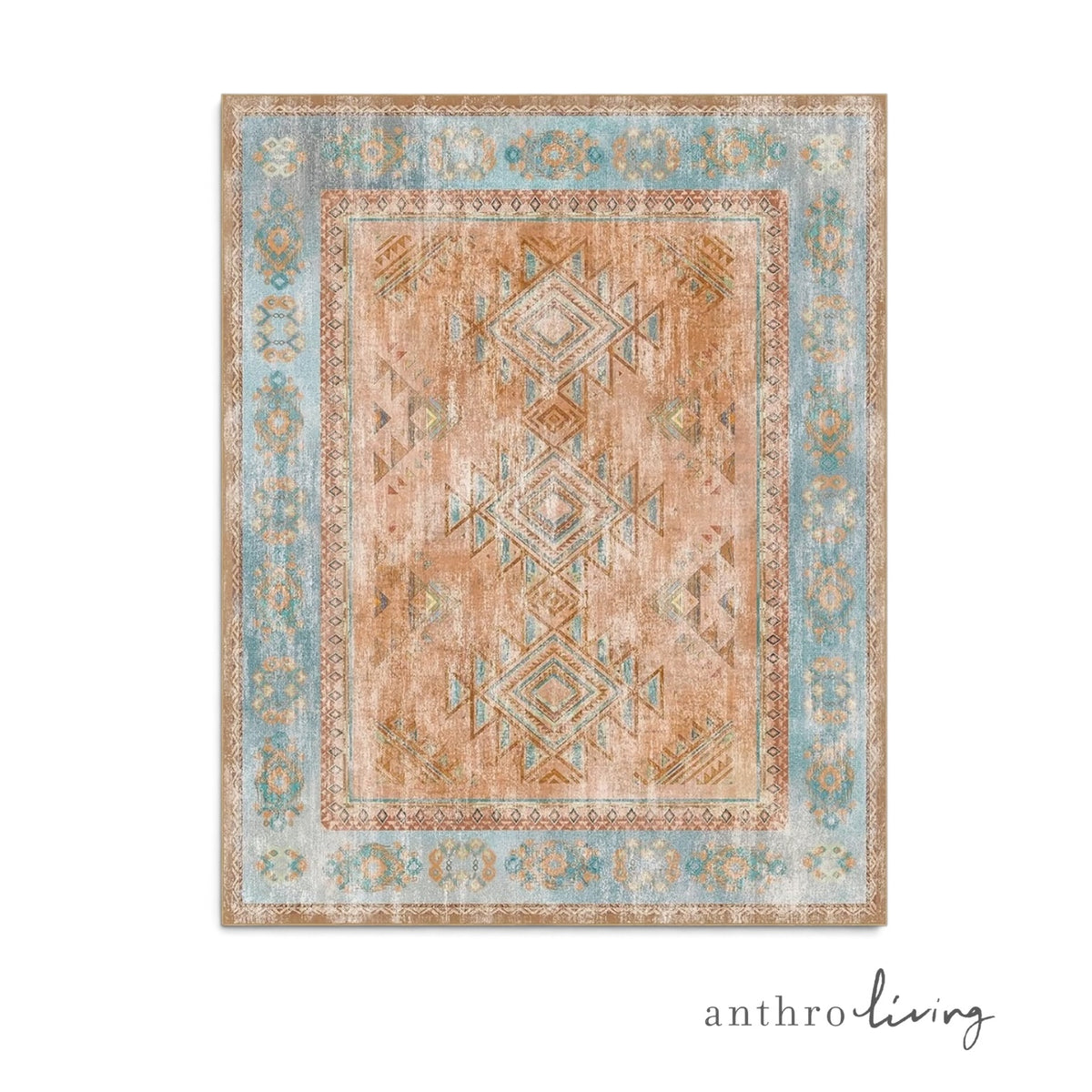 NEW Anthropologie Blue & Orange Moroccan Boho Washable Area Rug Carpet 8' x 10'