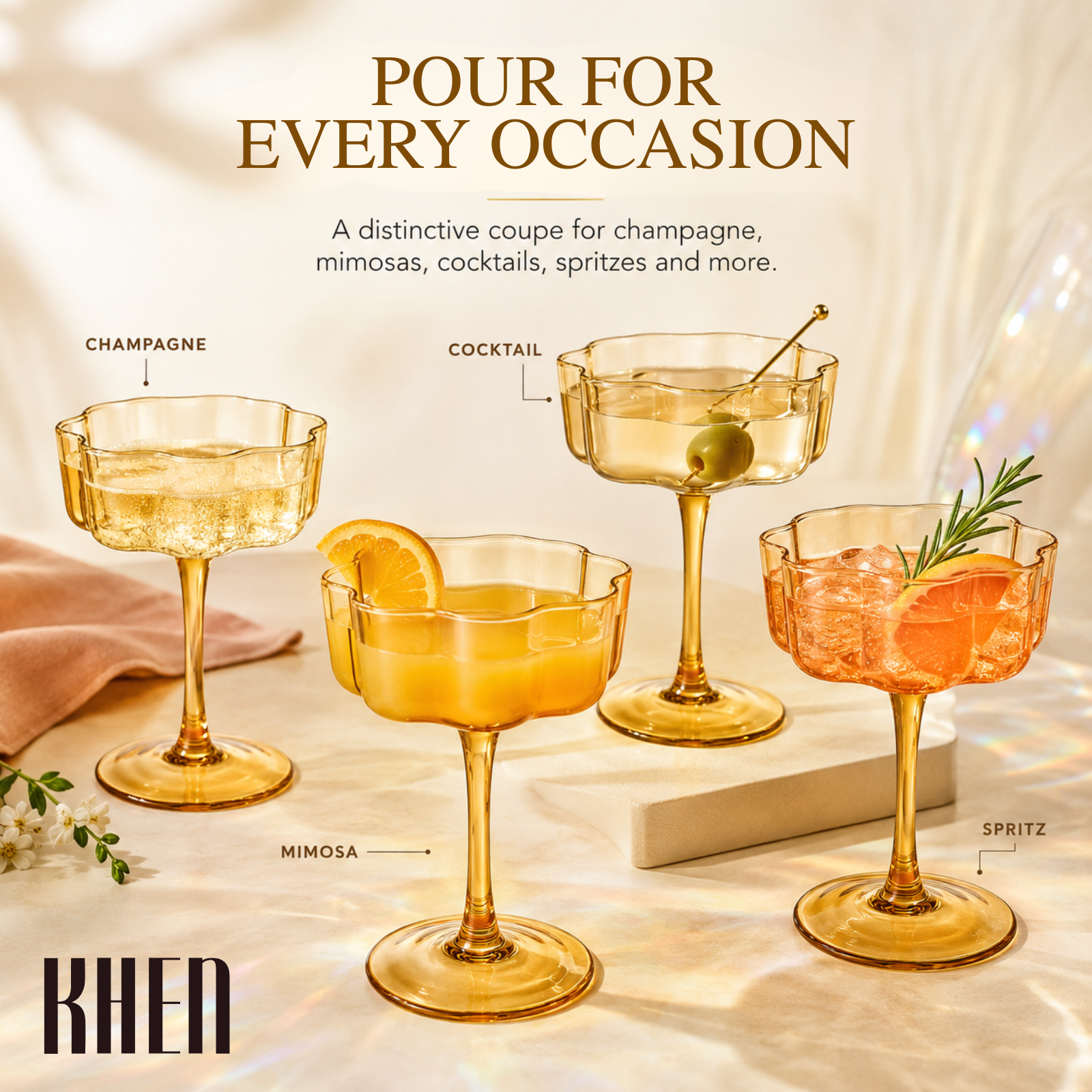 Flower Wave Coupe Cocktail Colored Glasses | Set of 2 | Amber