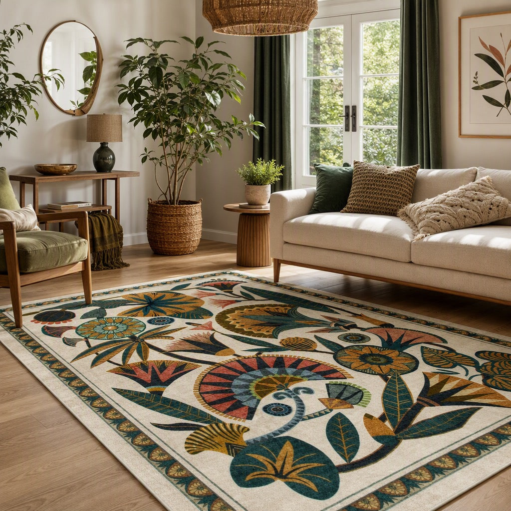 NEW Anthropologie Boho Egypt Floral Multicolor Washable Area Rug Carpet 5' x 7'