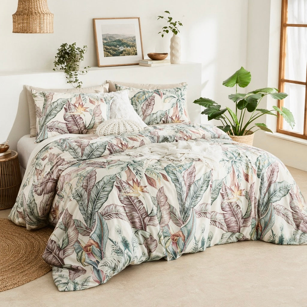 NEW Anthro White Floral Botanical Boho Cotton Queen King Bedding Duvet Sham Set