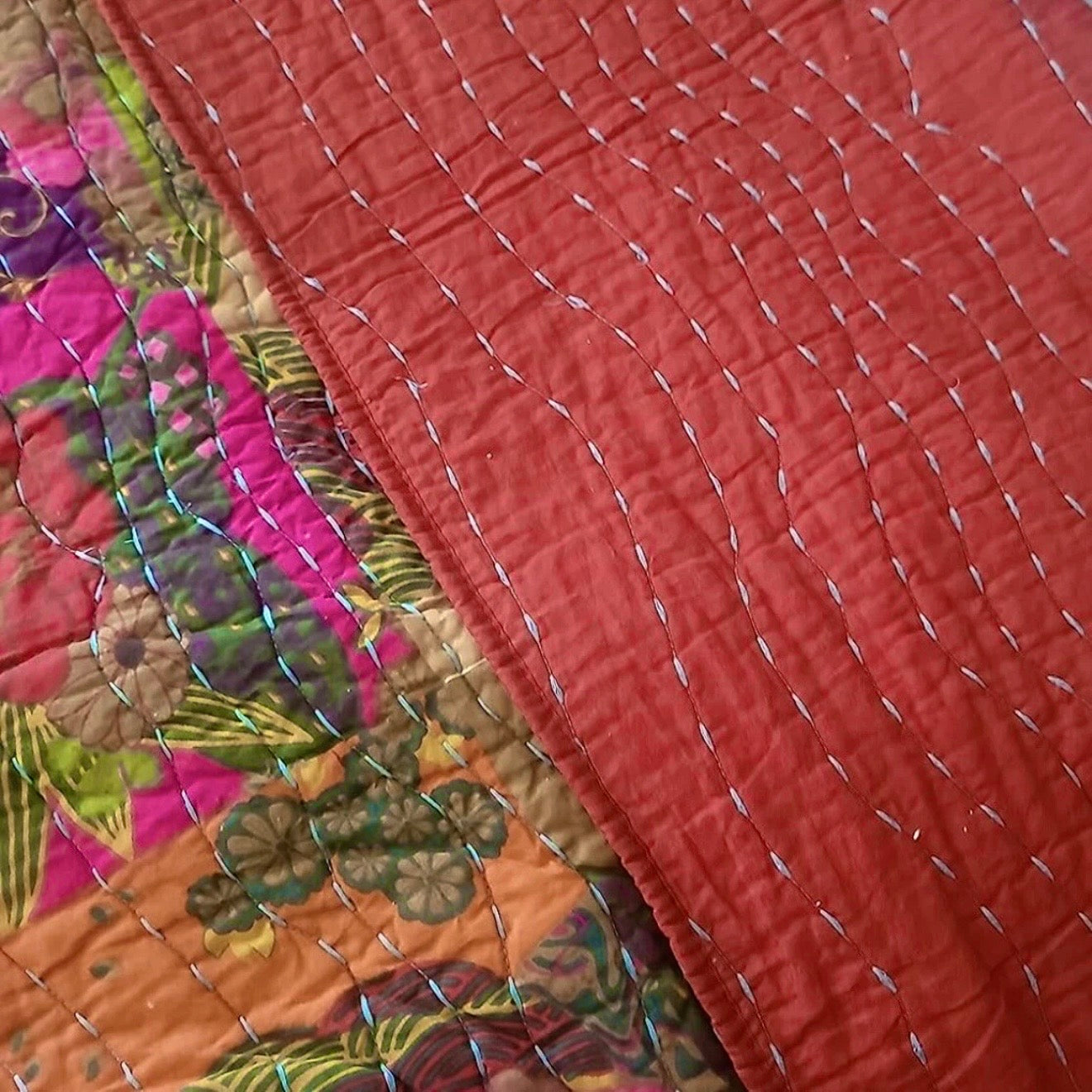 NEW Anthropologie Red Floral Boho King Quilt Stitch Bedspread Bedding Sham Set