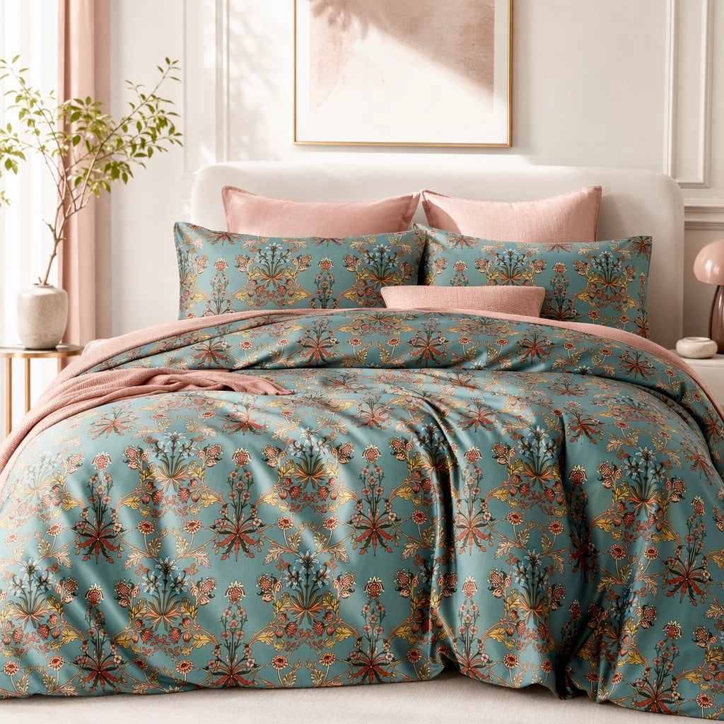 NEW Anthropologie Teal Orange Floral Boho Cotton Queen / King Bedding Duvet & Sham Set
