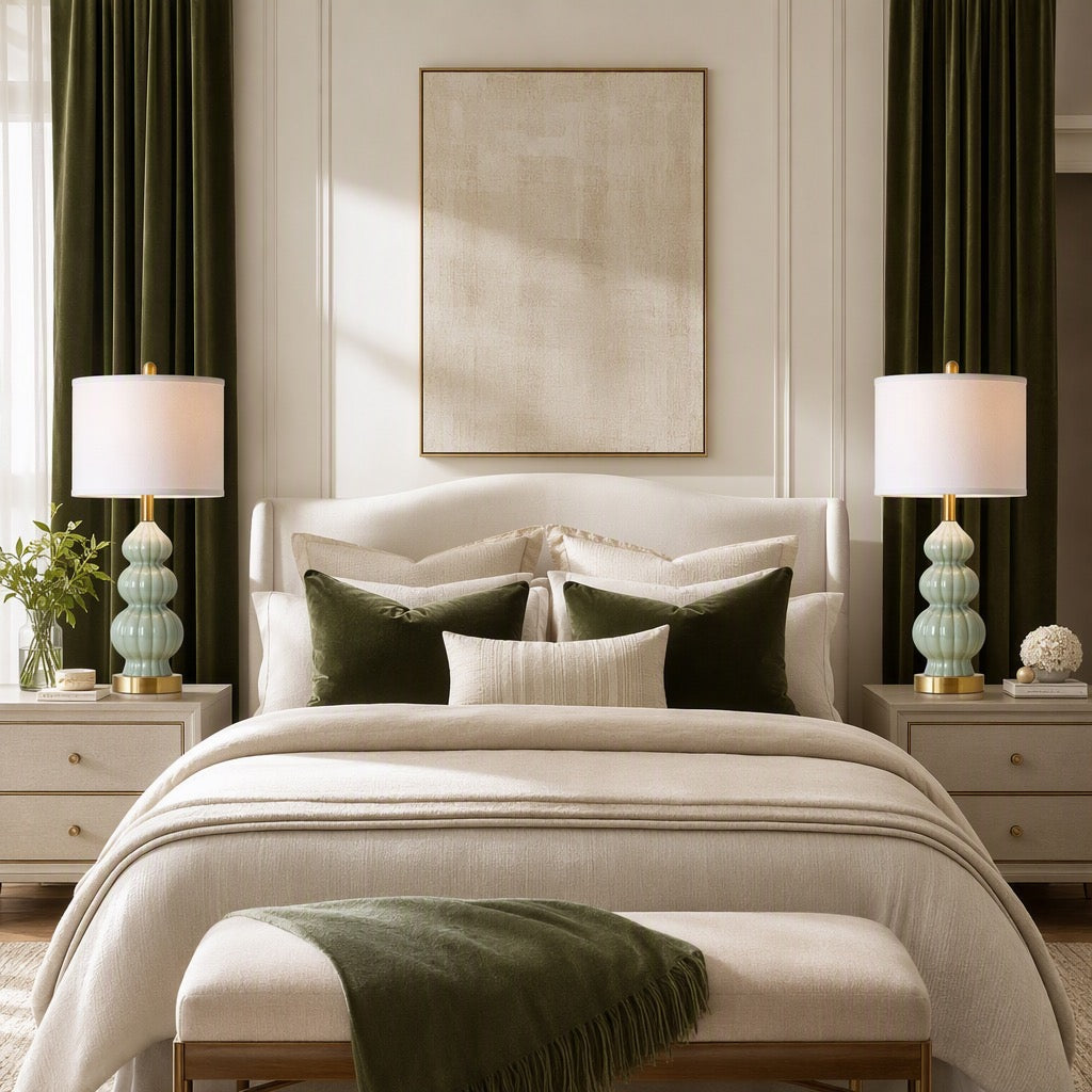 NEW Anthropologie Set / 2 Sage Green Gold Ceramic Boho Table Lamps Lighting 28"