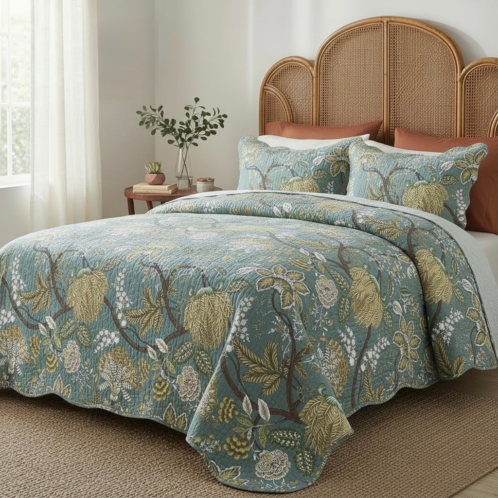 NEW Anthro Green Floral Reversible Queen / King Boho Bedding Quilt & Sham Case