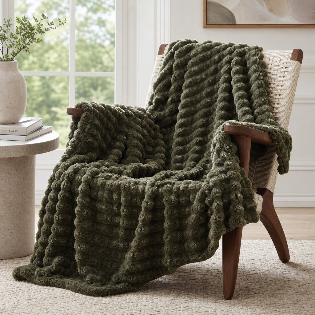 NEW West Elm Boho Dark Green Sherpa Ultra Soft Throw Blanket Bedding - 60" x 50"