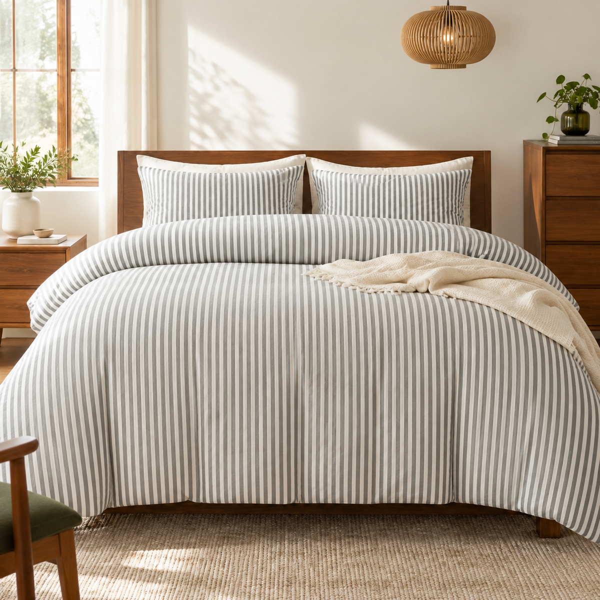 NEW West Elm White & Grey Striped Cotton Simple Modern Bedding Duvet & Sham Set