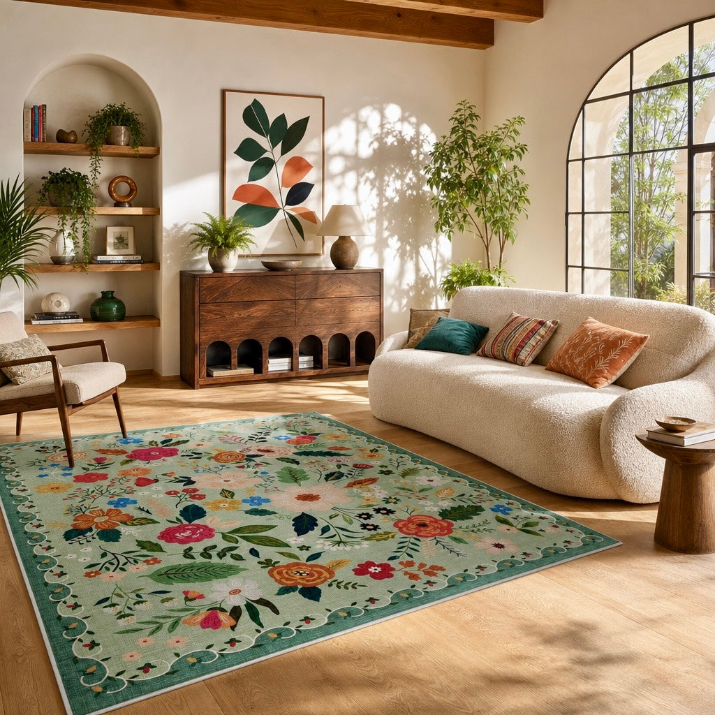 NEW Anthropologie Green Floral Boho Vintage Multicolor  Area Rug Carpet 5' x 7'