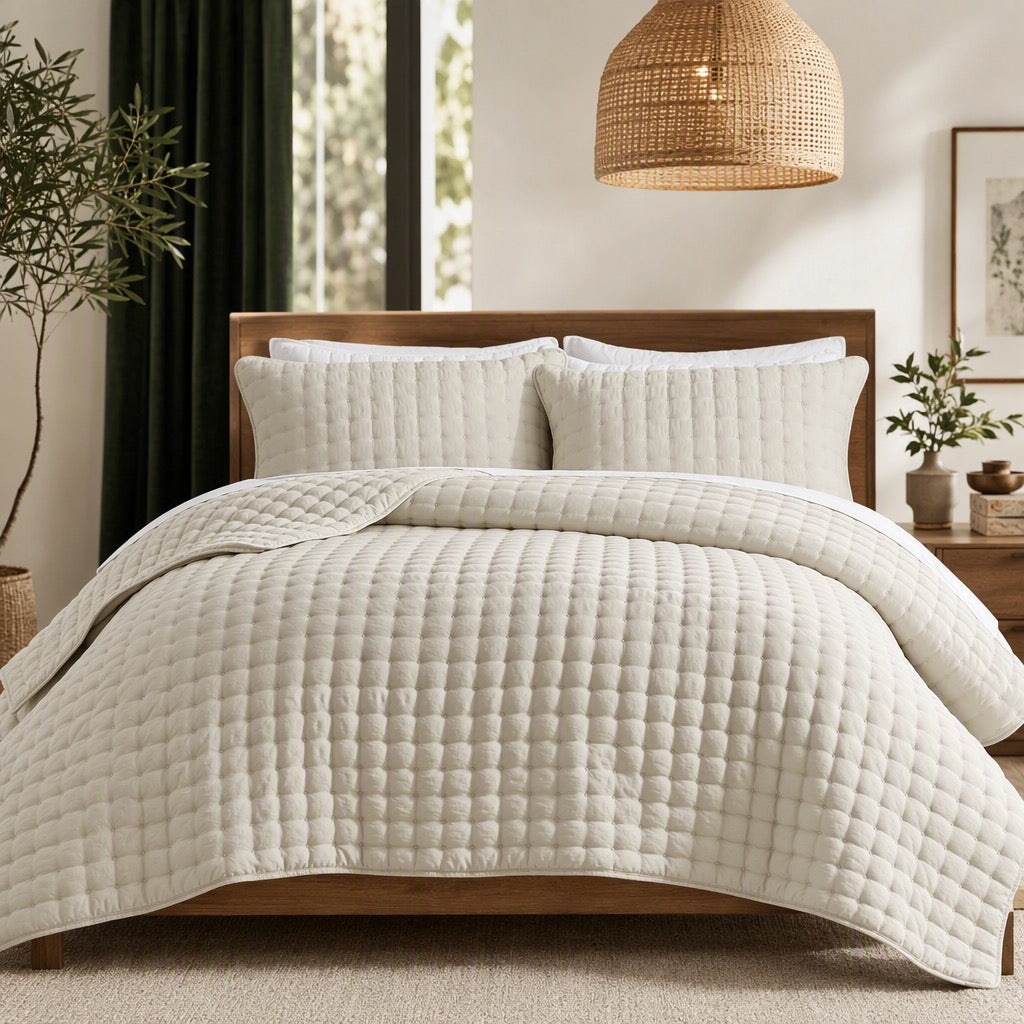 NEW West Elm Cream Beige Ultra Soft Quilted Comforter Coverlet Bedding Sham Set