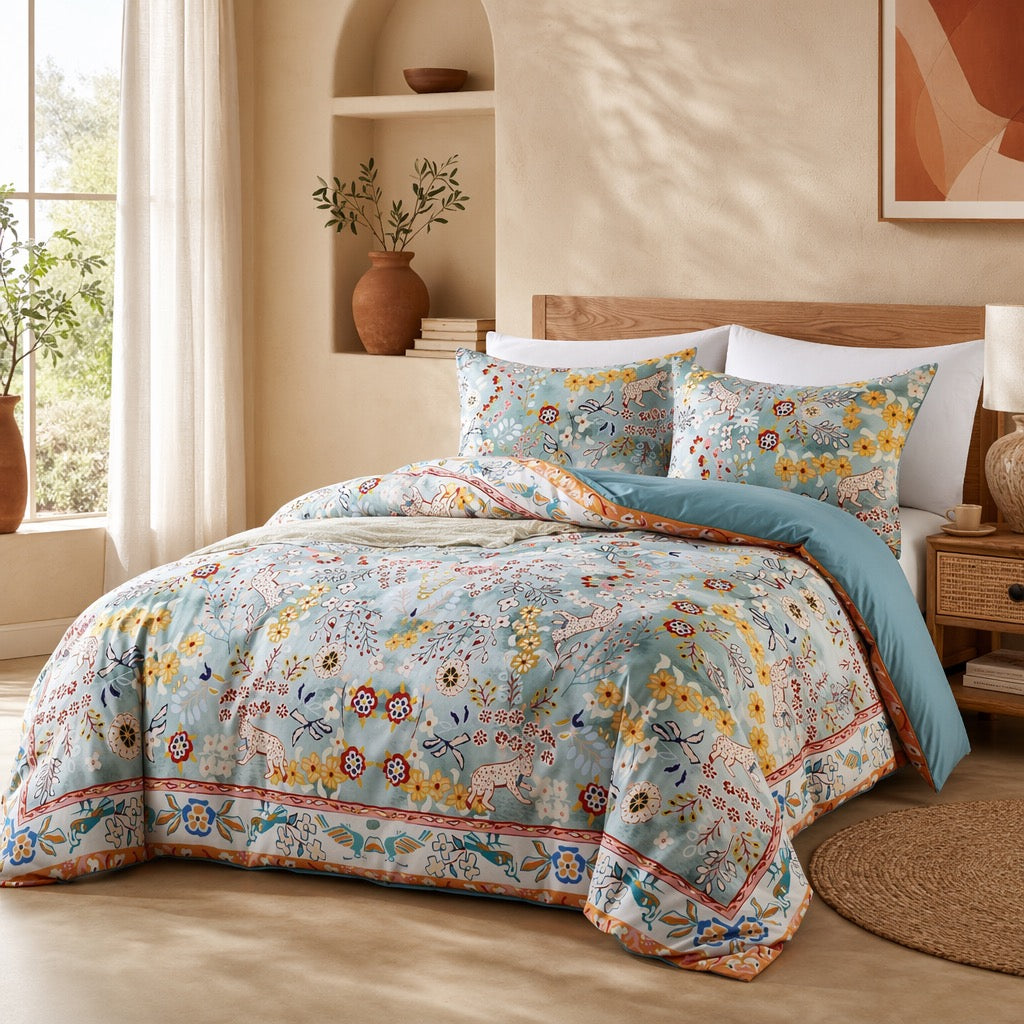 NEW Anthro Blue Jungle Multicolor Boho Queen / King Bedding Duvet & Sham Case