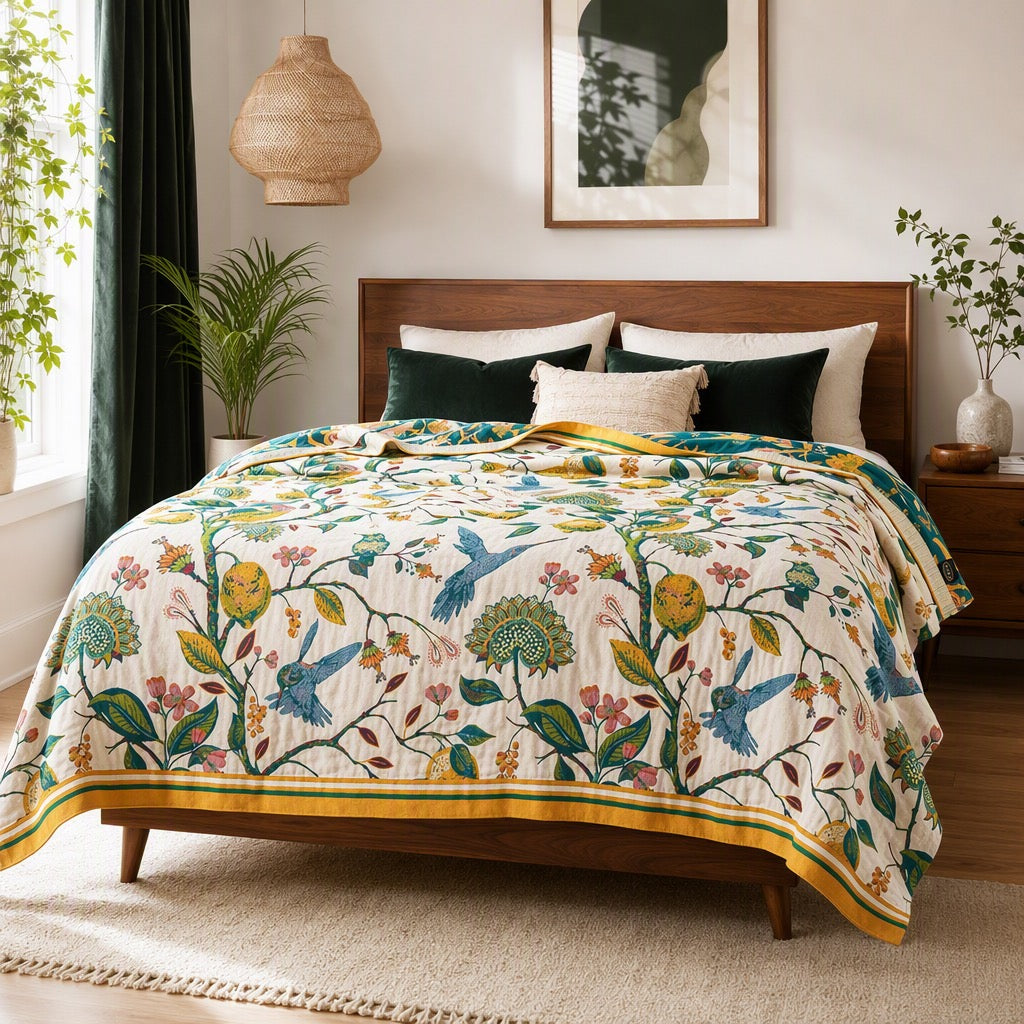 NEW Anthropologie Boho Bird Orange Blue Queen Blanket Bedspread Quilt 80" x 90"