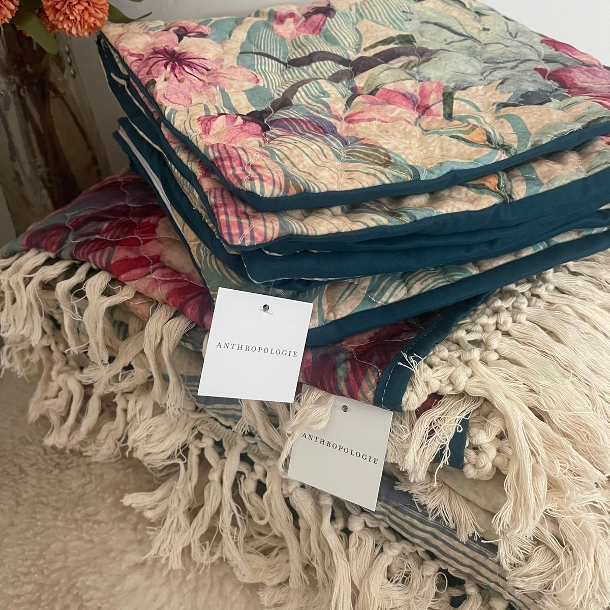 NEW Anthropologie Peacock Tassel Fringe Boho Quilt Bedspread Bedding & Sham Set