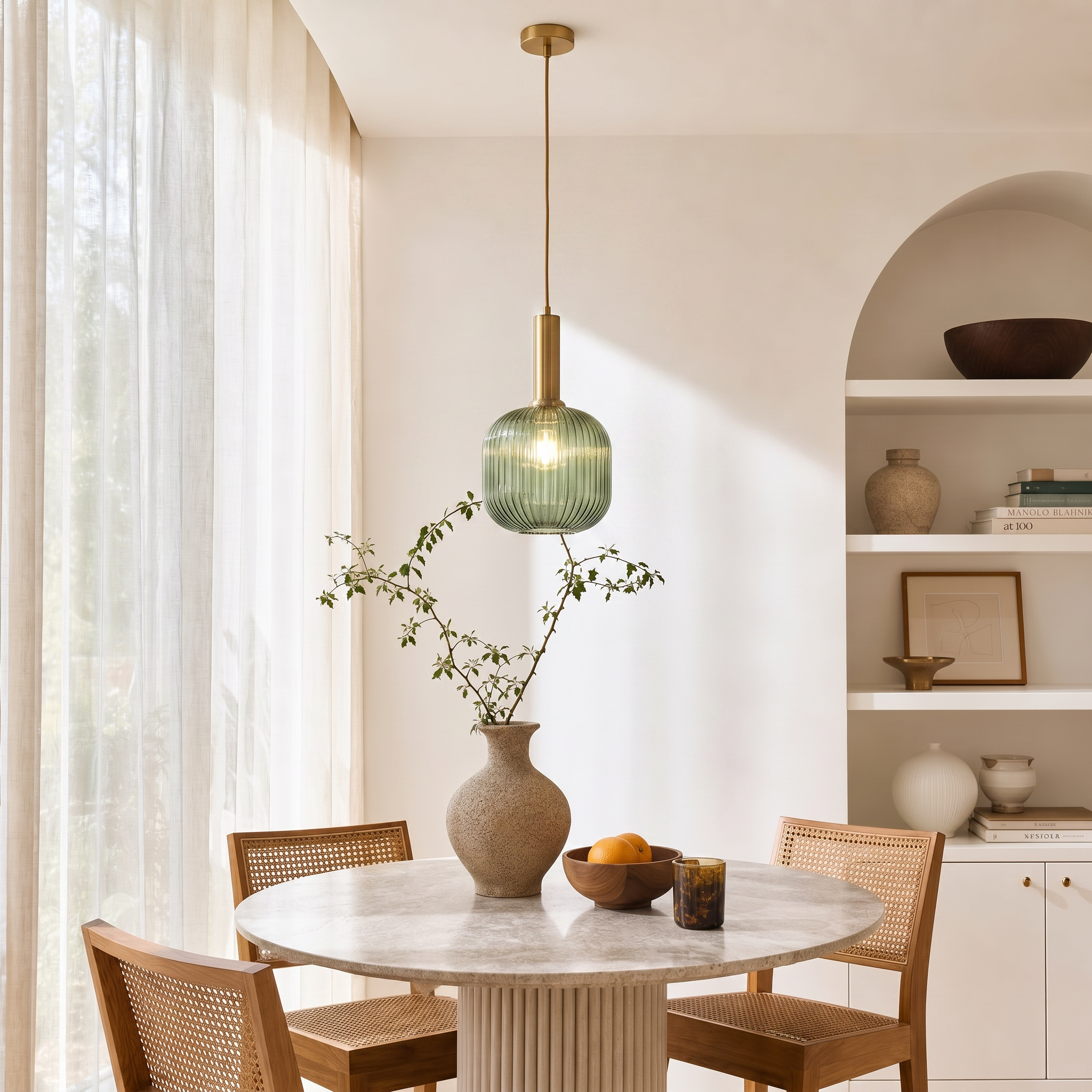 NEW West Elm Vintage Retro Green Glass Globe Hanging Gold Pendant Light Fixture