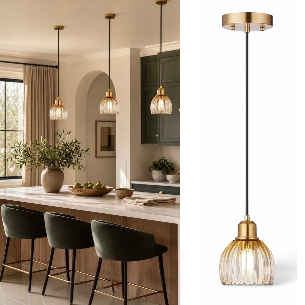 NEW West Elm Vintage Retro Amber Gold Glass Tulip Hanging Pendant Light Fixture