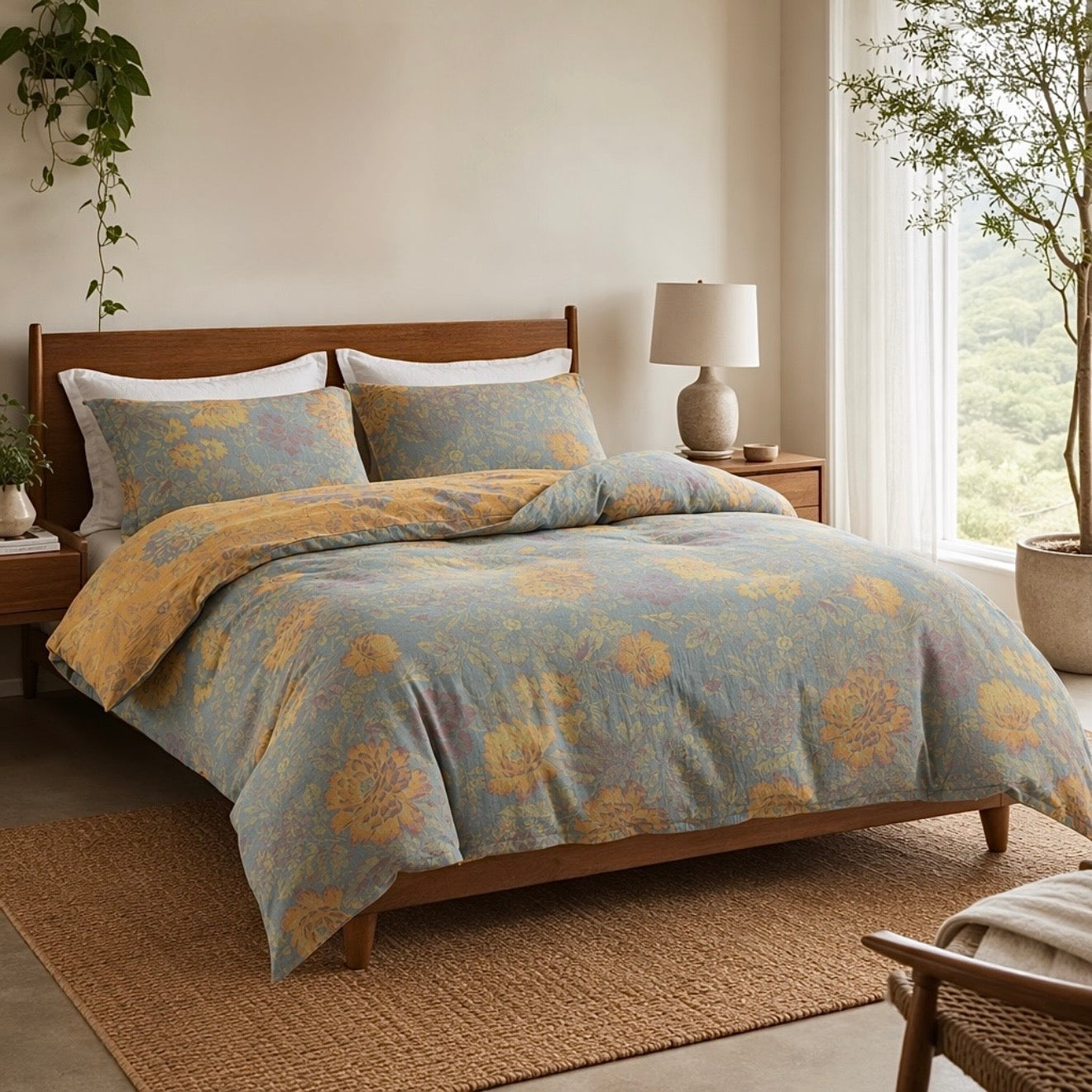 NEW Anthropologie Blue Orange Floral Cotton Queen / King Bedding Duvet Sham Set