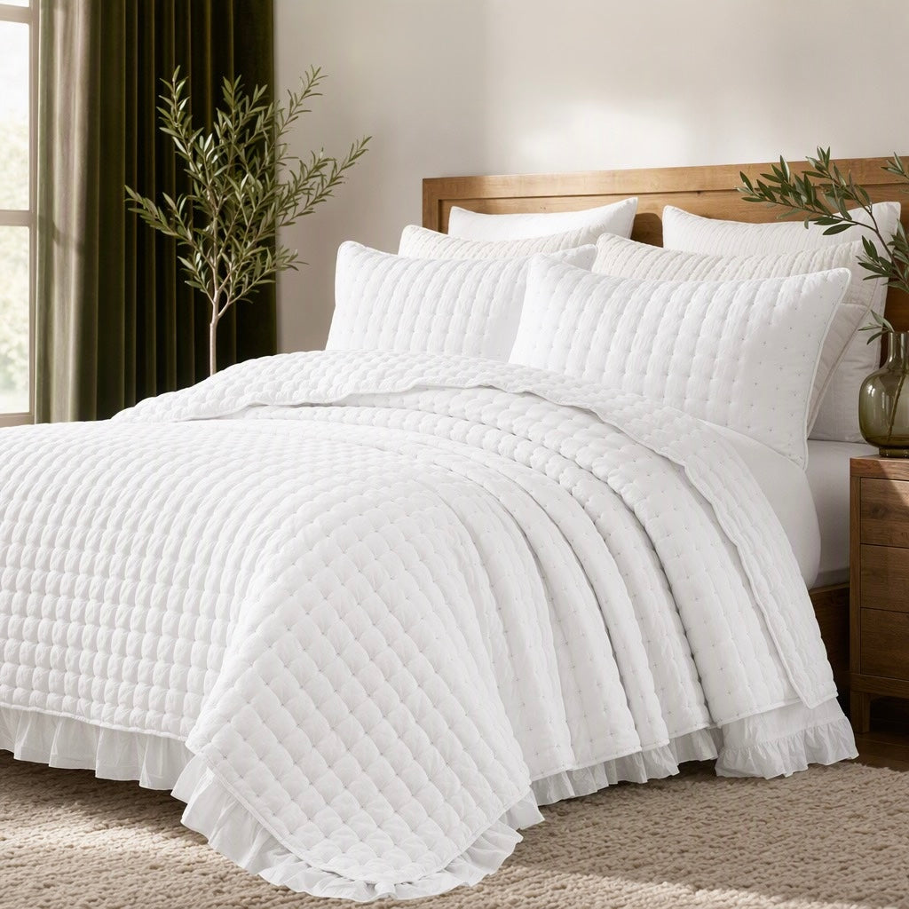 NEW West Elm White Ultra Soft Stitch Quilted Comforter Coverlet Bedding Sham Set