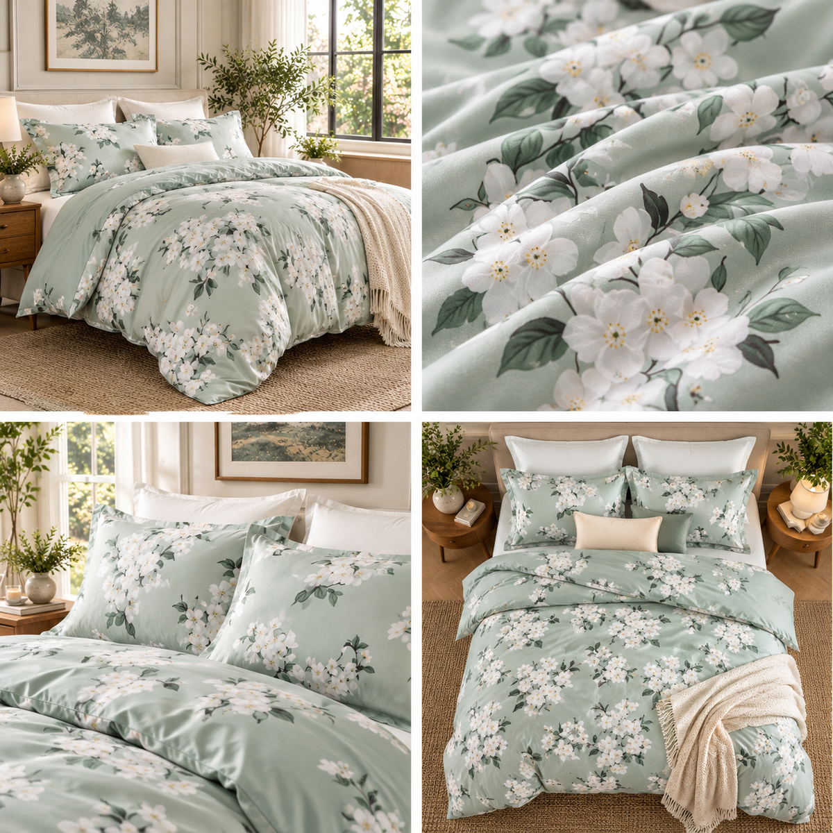 NEW West Elm Sage Green Floral Print Cotton Multi-Size Bedding Duvet & Sham Set