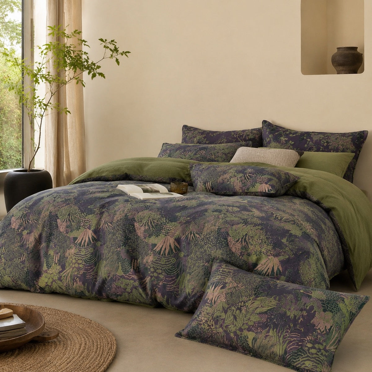 NEW Anthropologie Green Purple Floral Muslin Queen / King Bedding Duvet Sham Set