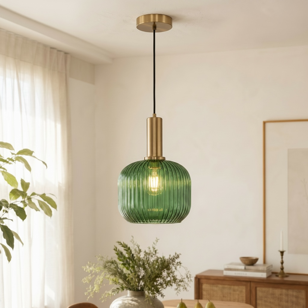 NEW West Elm Vintage Retro Green Glass Globe Hanging Gold Pendant Light Fixture