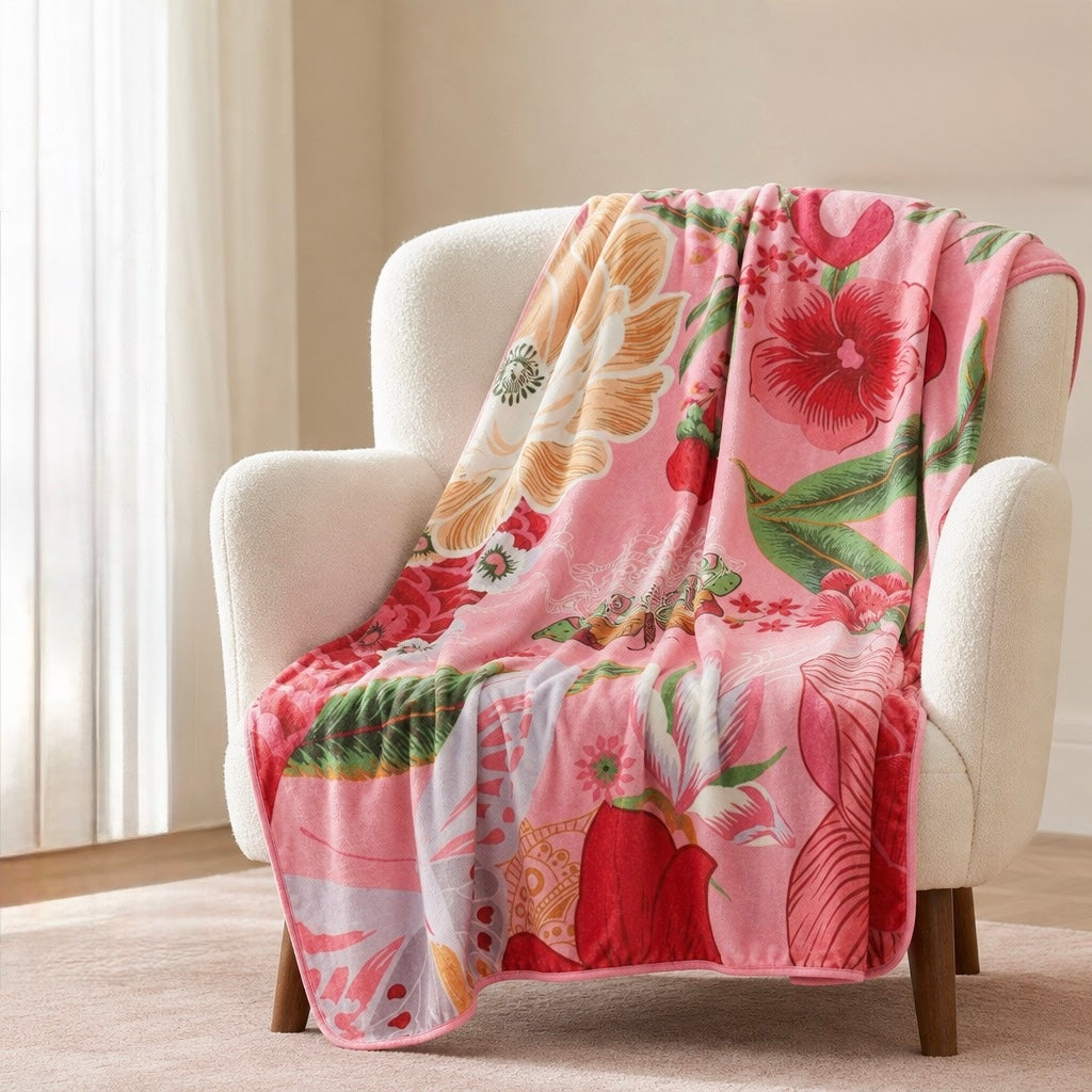 NEW Anthropologie XL Queen Boho Red Floral Fleece Throw Blanket Bedspread 90x90