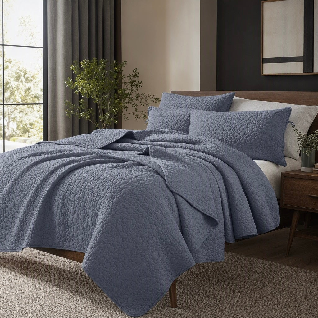 NEW West Elm Blue Stone Print Ultra Soft Queen King Bedding Bedspread & Sham Set
