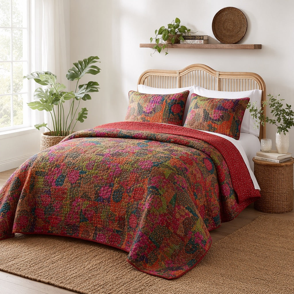 NEW Anthropologie Red Floral Boho King Quilt Stitch Bedspread Bedding Sham Set
