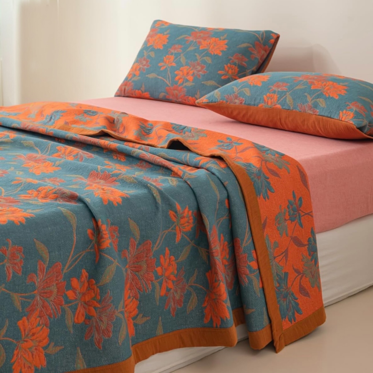 NEW Anthropologie Blue Orange Reversible King Size Bedspread Blanket Sham Set