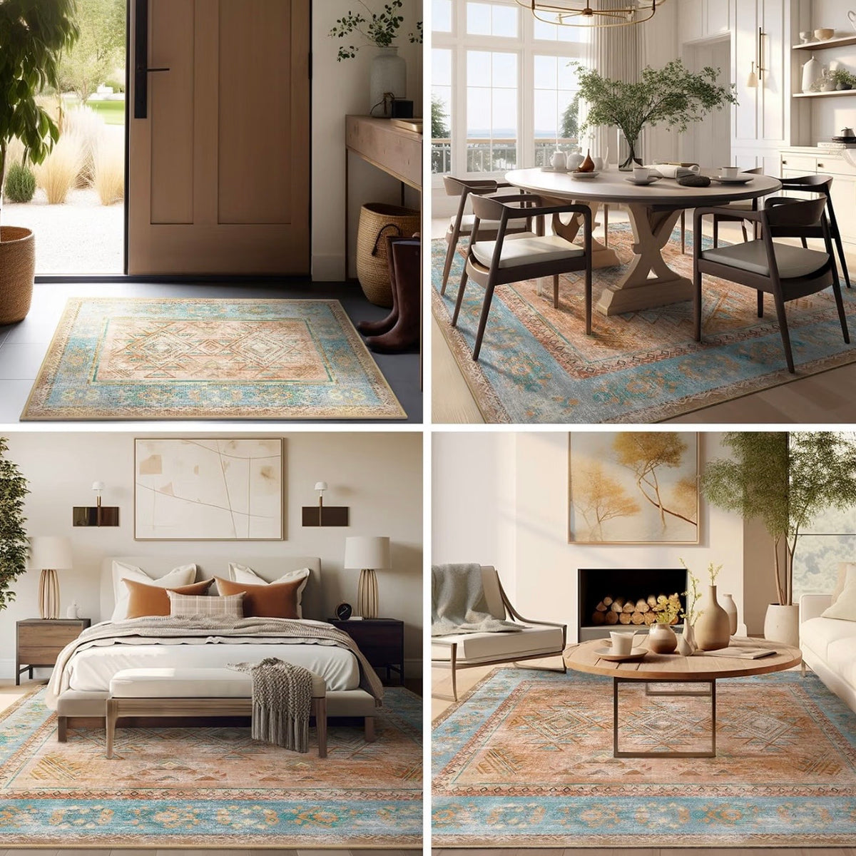 NEW Anthropologie Blue & Orange Moroccan Boho Washable Area Rug Carpet 8' x 10'