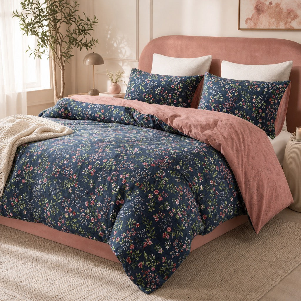 NEW Anthropologie Blue Floral Cotton Queen / King Size Bedding Duvet & Sham Set