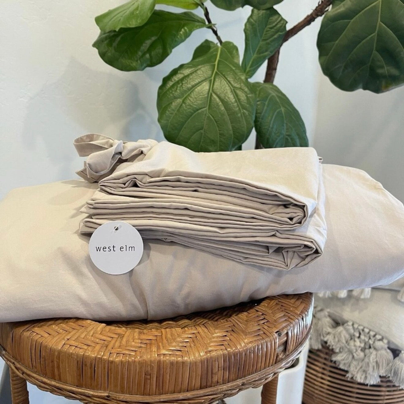 NEW West Elm Boho Beige Khaki Bow Queen Size Soft Washed Bedding Duvet & Sham Set