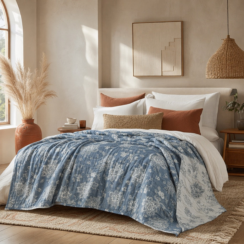NEW Anthropologie Blue Boho Floral Muslin Reversible Throw Blanket Quilt 60 x 80