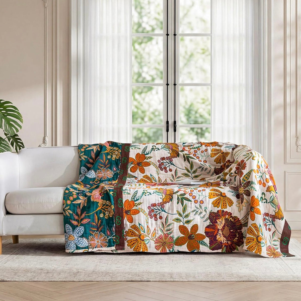 New Anthropologie Boho Floral Reversible Throw Blanket Bedspread Quilt 80" x 60"
