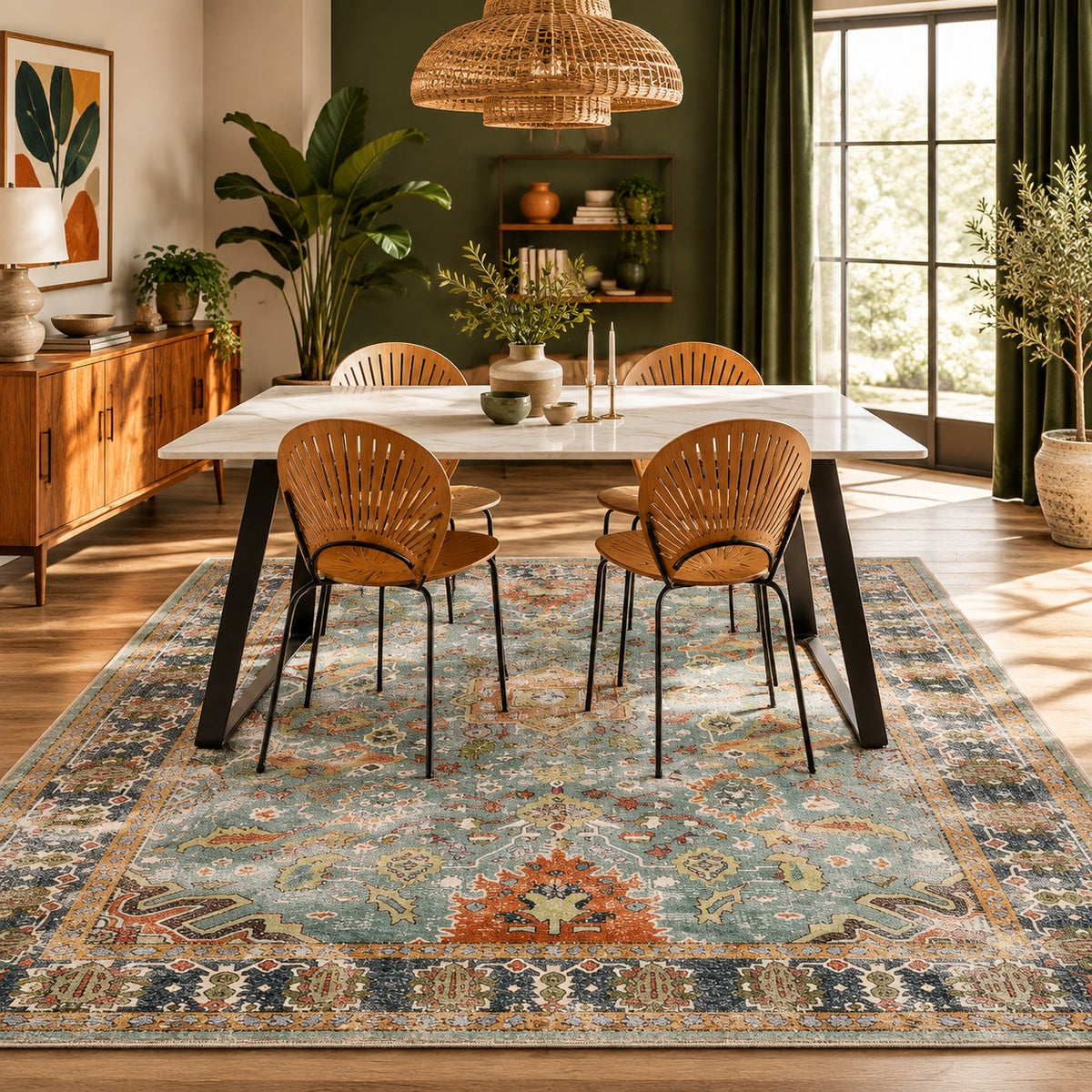 Blue Moroccan floral boho area rug under a marble dining table with wooden shell chairs and green walls.