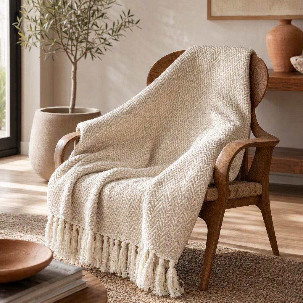 NEW West Elm Boho Beige White Turkish Cotton Tassel Throw Blanket - 60" x 50"