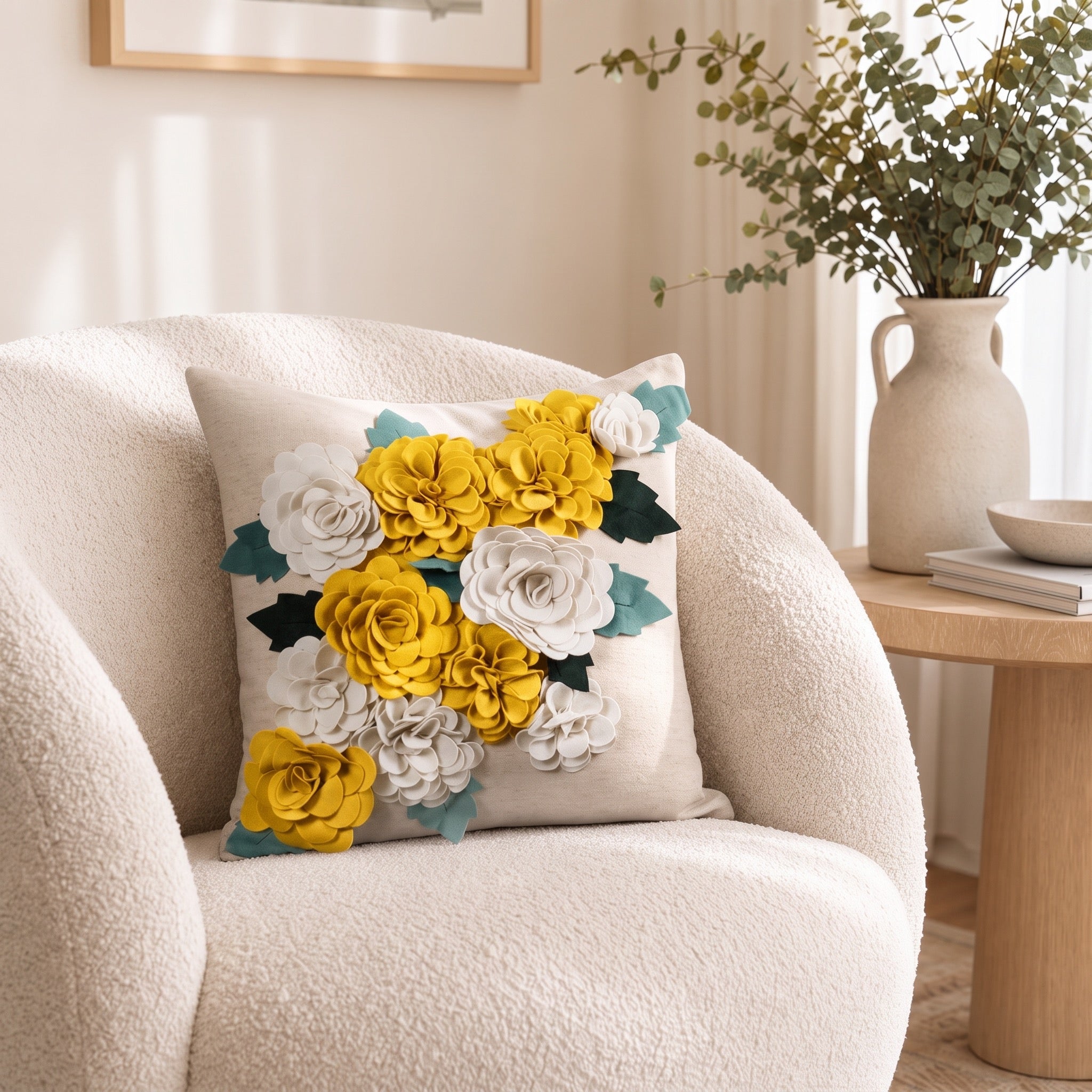 New $148 Anthropologie Boho 3D Floral Felt Throw Pillow Cover Case Sham 18"x18"