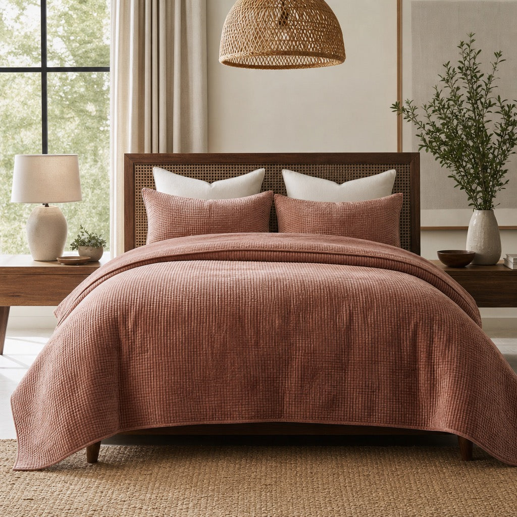 NEW West Elm Velvet Terracotta Clay Queen / King Bedding Comforter & Sham Set