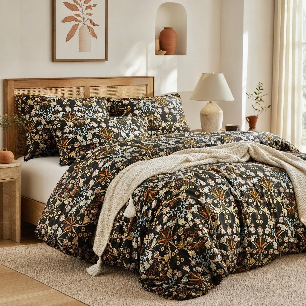 NEW Anthropologie Black Orange Floral Cotton Boho Queen Bedding Duvet & Sham Set