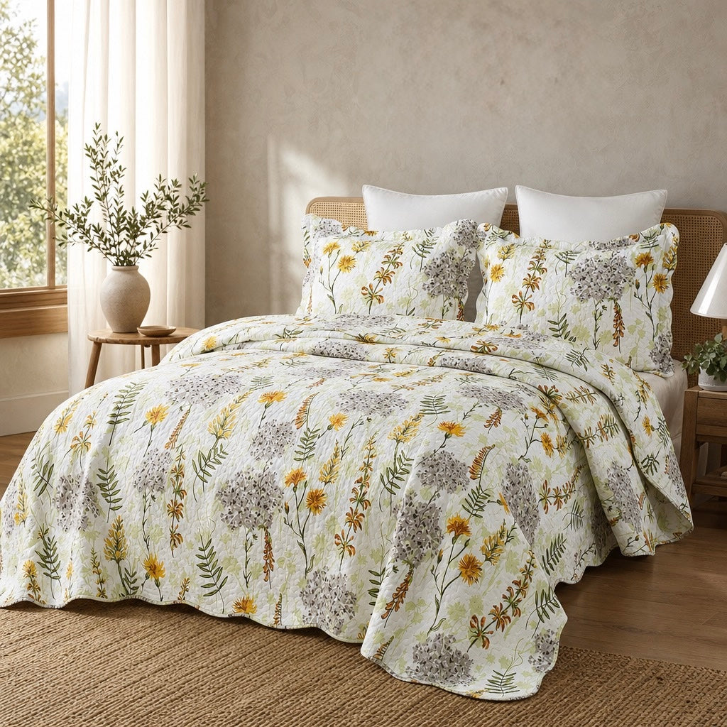 NEW Anthropologie White Floral King Size Boho Quilt Bedding Bedspread Sham Set