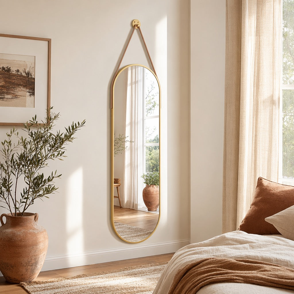 NEW West Elm Gold Arched Full Length Boho Wall Strap Hanging Mirror - 48" x 16"