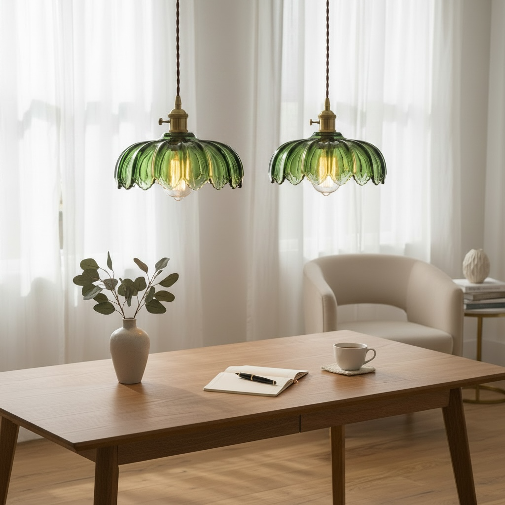 NEW West Elm Vintage Green Glass Hanging Gold Floral Pendant Light Fixture